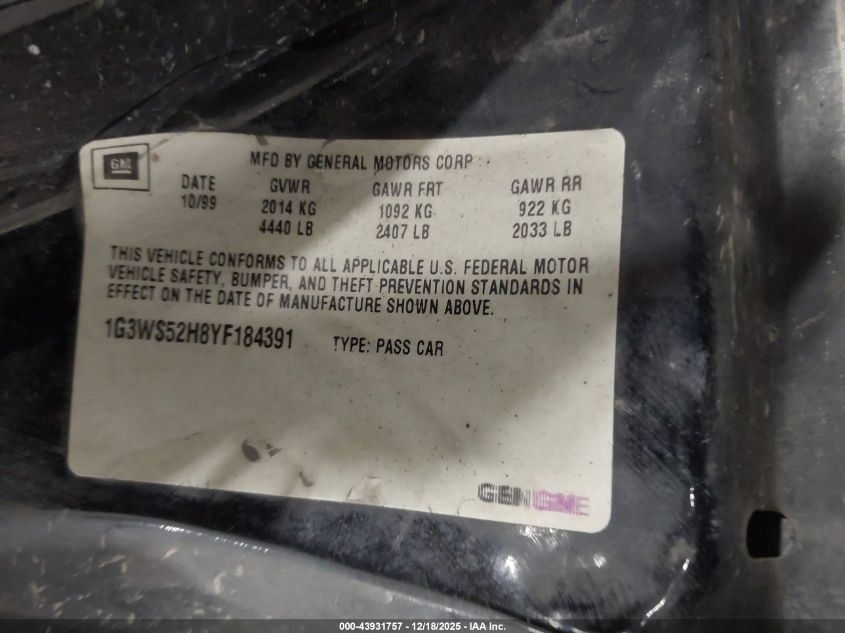 2000 Oldsmobile Intrigue Gl VIN: 1G3WS52H8YF184391 Lot: 43931757