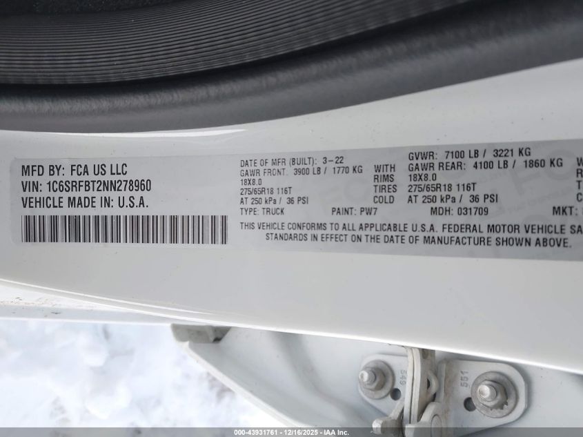 2022 Ram 1500 Big Horn 4X4 6'4 Box VIN: 1C6SRFBT2NN278960 Lot: 43931761