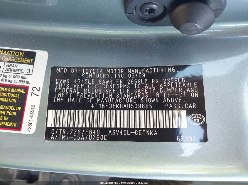 2010 Toyota Camry Le VIN: 4T1BF3EK8AU509665 Lot: 43931762