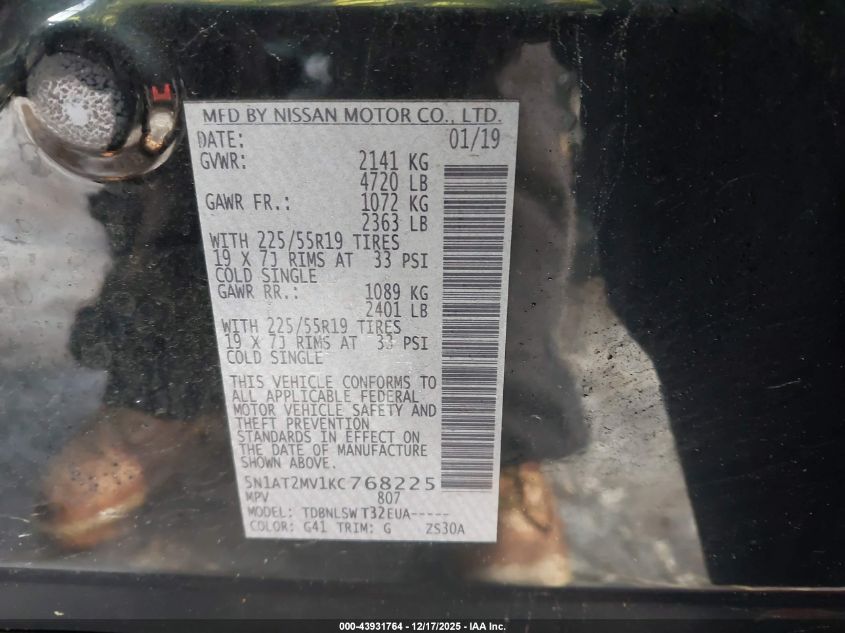 2019 Nissan Rogue Sl VIN: 5N1AT2MV1KC768225 Lot: 43931764