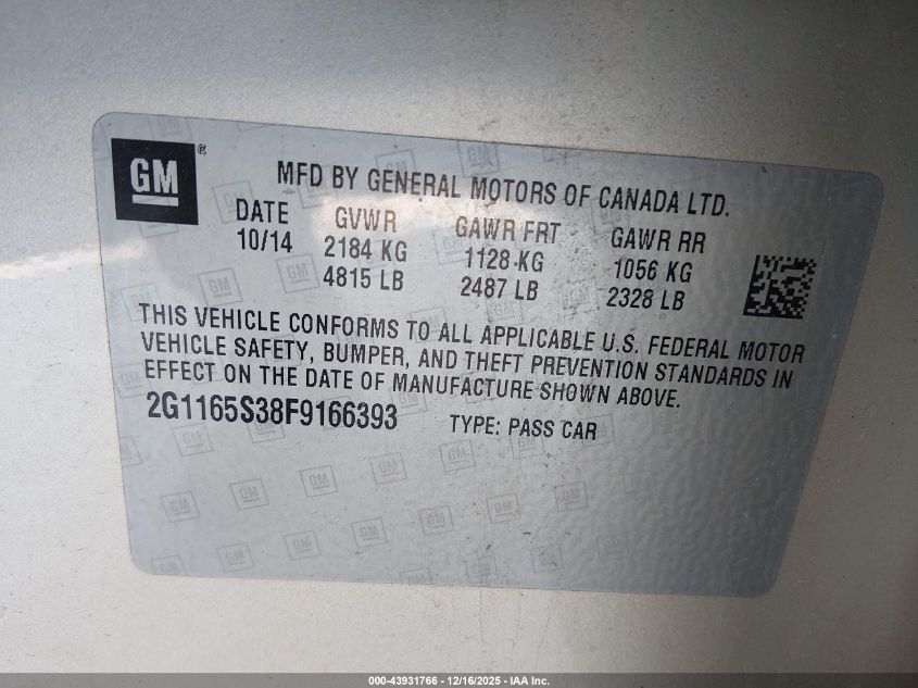 2015 Chevrolet Impala 2Lz VIN: 2G1165S38F9166393 Lot: 43931766