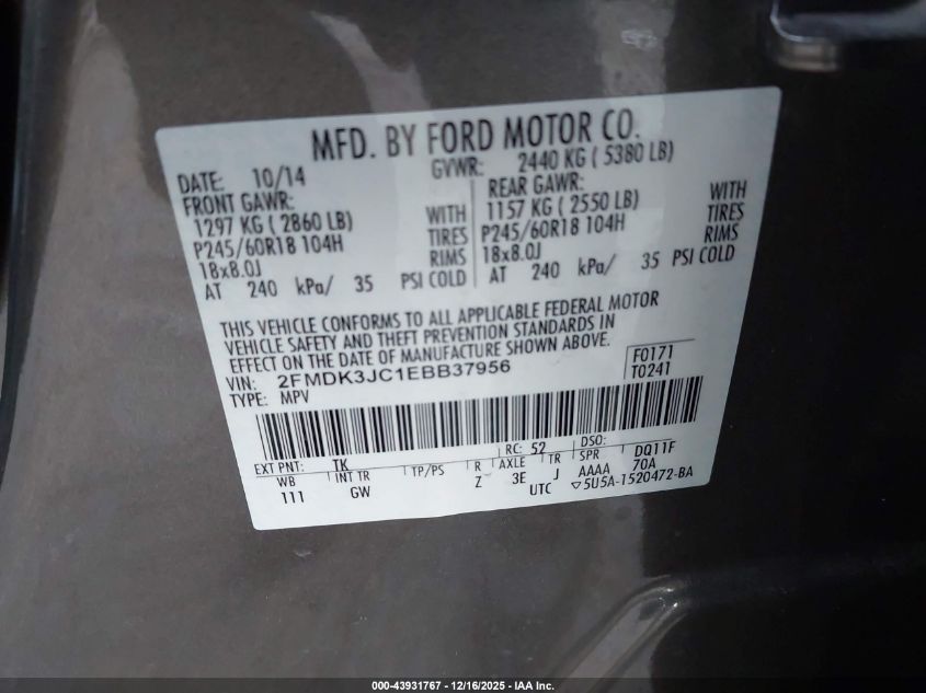 2014 Ford Edge Sel VIN: 2FMDK3JC1EBB37956 Lot: 43931767