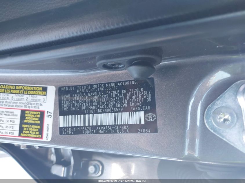 2022 Toyota Camry Se Awd VIN: 4T1G11BK3NU066599 Lot: 43931769