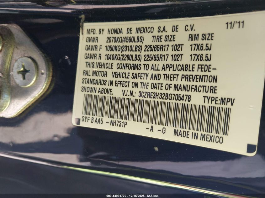 2011 Honda Cr-V Lx VIN: 3CZRE3H32BG705478 Lot: 43931770