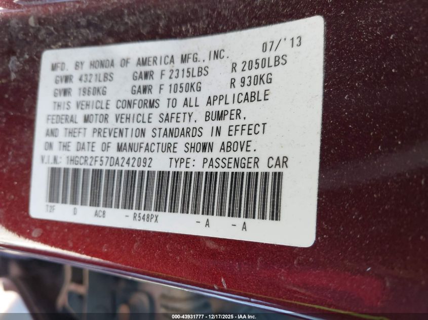 2013 Honda Accord Sport VIN: 1HGCR2F57DA242092 Lot: 43931777