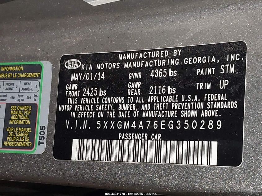 2014 Kia Optima Lx VIN: 5XXGM4A76EG350289 Lot: 43931778