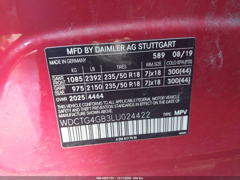 2020 Mercedes-Benz Gla 250 4Matic VIN: WDCTG4GB3LU024422 Lot: 43931781