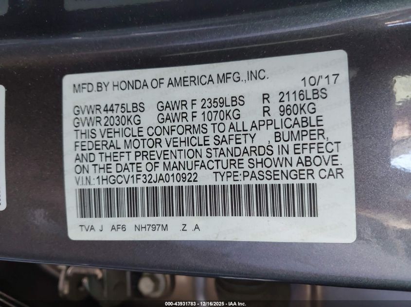 2018 Honda Accord Sport VIN: 1HGCV1F32JA010922 Lot: 43931783