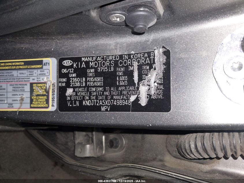 2013 Kia Soul VIN: KNDJT2A5XD7498948 Lot: 43931786