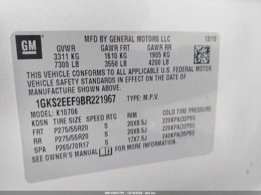 2011 GMC Yukon Denali VIN: 1GKS2EEF9BR221967 Lot: 43931791