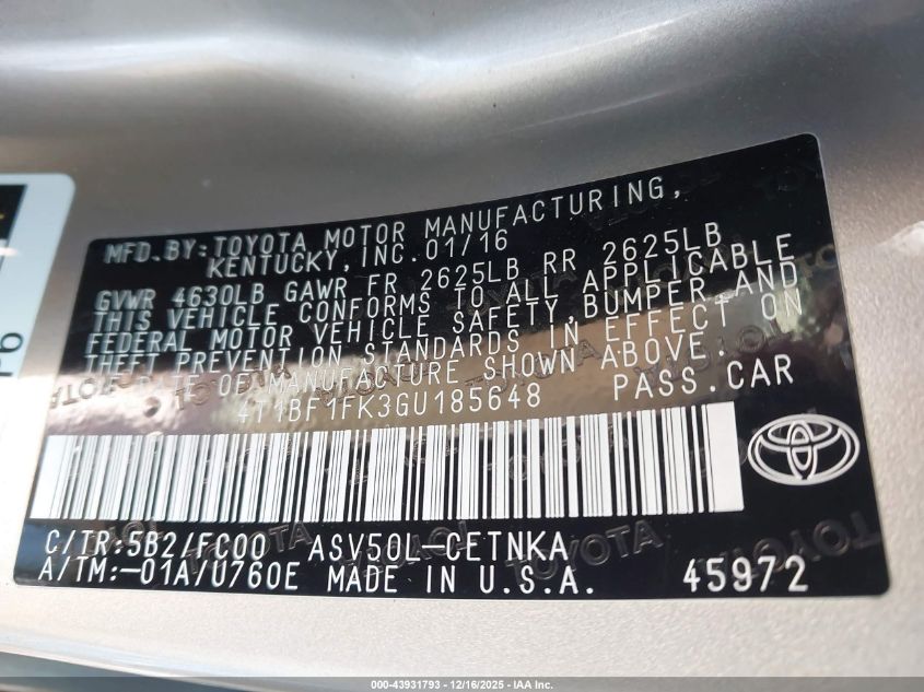 2016 Toyota Camry Le VIN: 4T1BF1FK3GU185648 Lot: 43931793