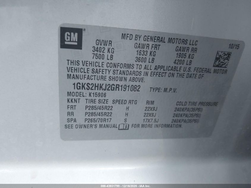 2016 GMC Yukon Xl Denali VIN: 1GKS2HKJ2GR191082 Lot: 43931799