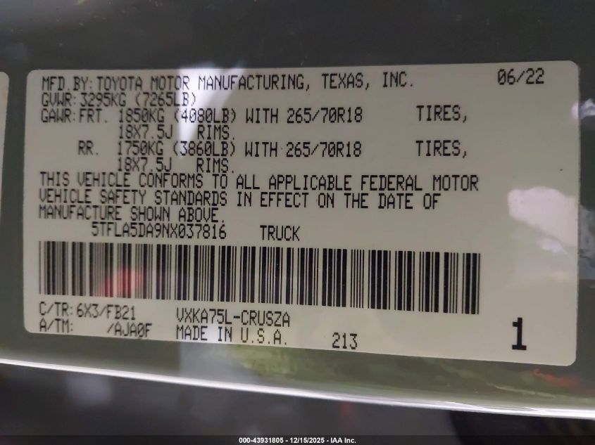 2022 Toyota Tundra Sr5 VIN: 5TFLA5DA9NX037816 Lot: 43931805