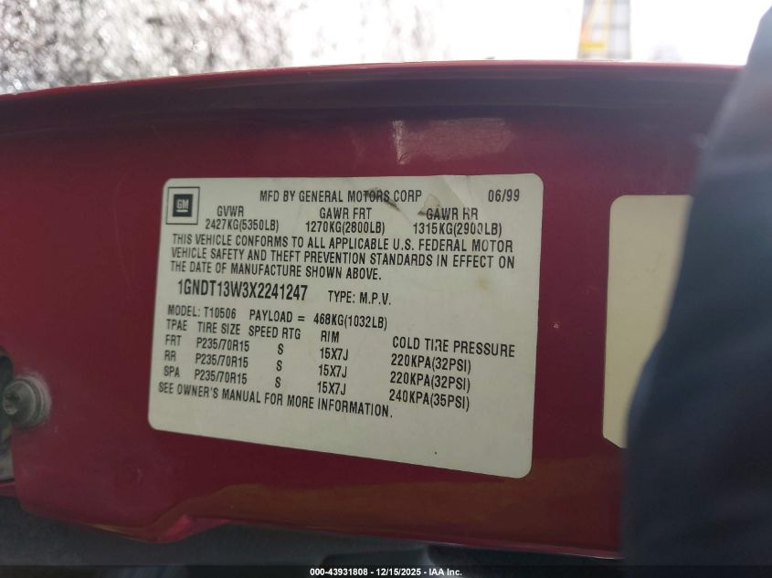 1999 Chevrolet Blazer Ls VIN: 1GNDT13W3X2241247 Lot: 43931808