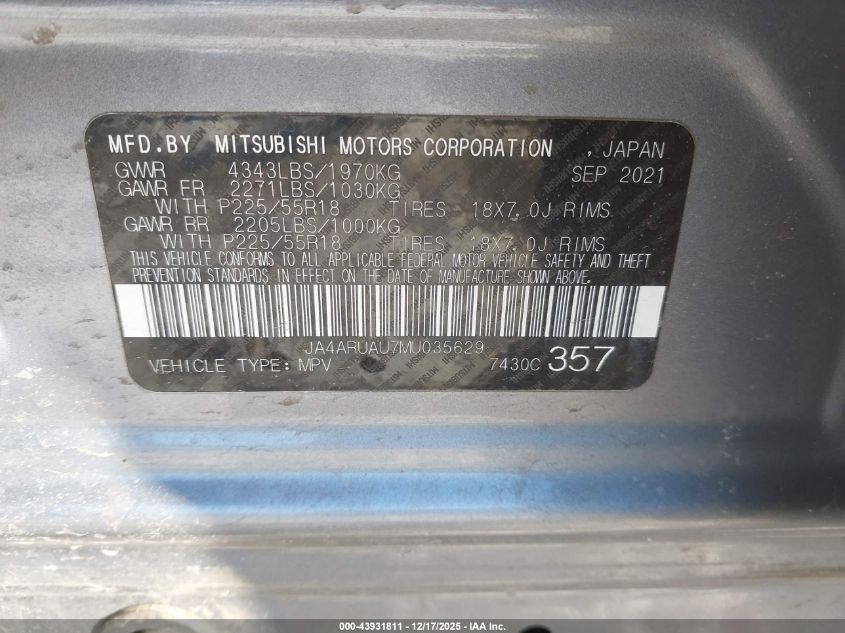 2021 Mitsubishi Outlander Sport 2.0 Es Awc VIN: JA4ARUAU7MU035629 Lot: 43931811