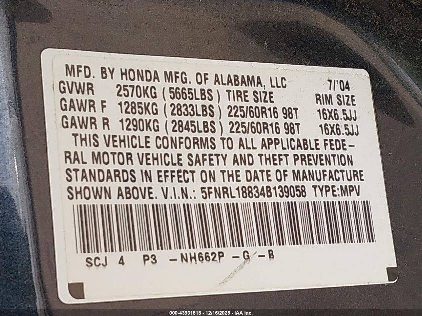 2004 Honda Odyssey Ex VIN: 5FNRL18834B139058 Lot: 43931818