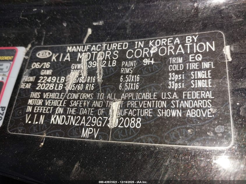 2016 Kia Soul VIN: KNDJN2A29G7392088 Lot: 43931821