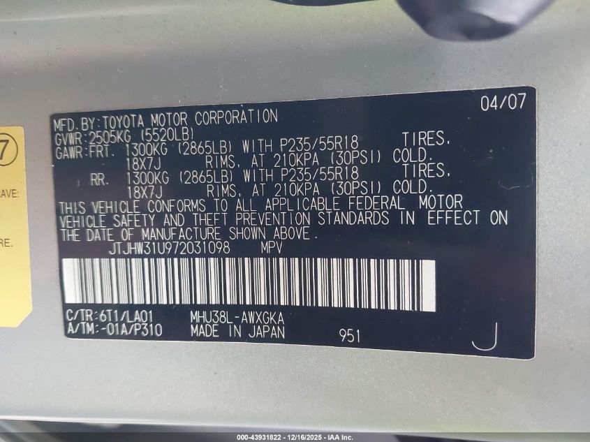 2007 Lexus Rx 400H VIN: JTJHW31U972031098 Lot: 43931822