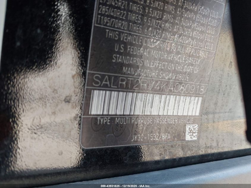 2019 Land Rover Discovery Hse Luxury VIN: SALRT2RV4KA080918 Lot: 43931825