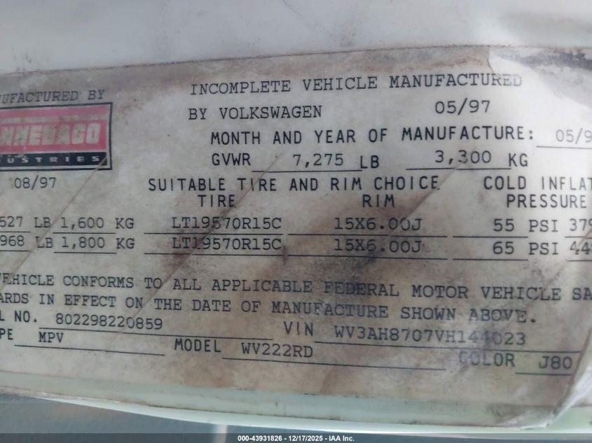 1997 Volkswagen Eurovan VIN: WV3AH8707VH144023 Lot: 43931826