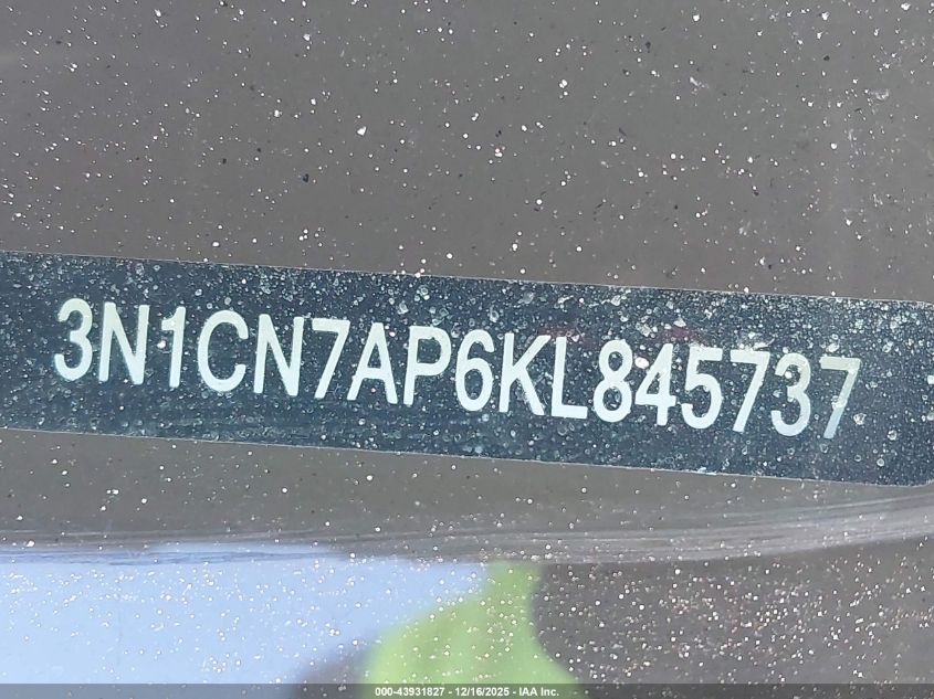 2019 Nissan Versa 1.6 Sv VIN: 3N1CN7AP6KL845737 Lot: 43931827
