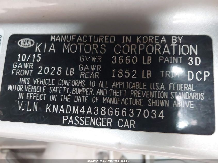 2016 Kia Rio Lx VIN: KNADM4A38G6637034 Lot: 43931830