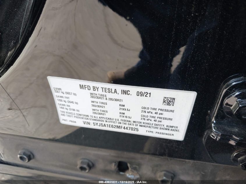 2021 Tesla Model S - 5YJSA1E62MF447025