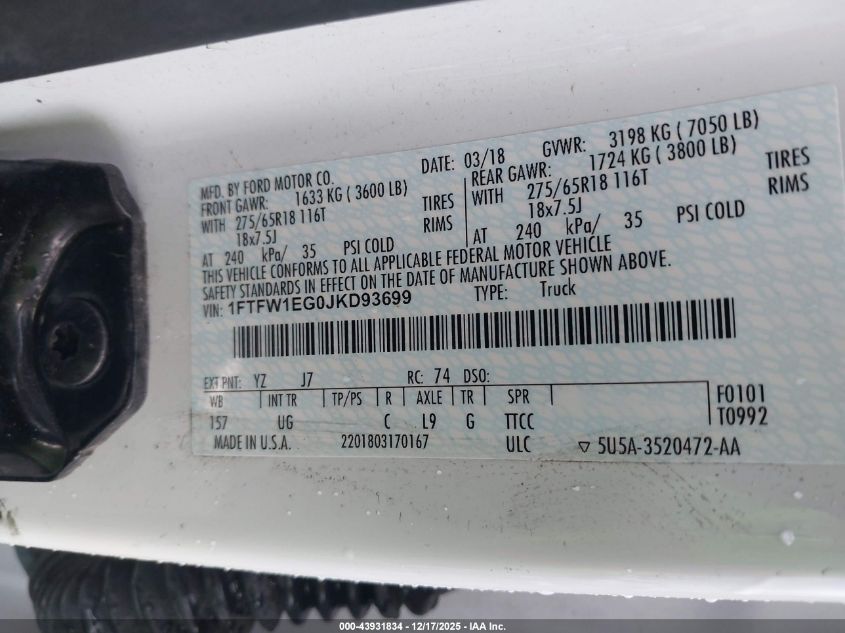 2018 Ford F-150 Xlt VIN: 1FTFW1EG0JKD93699 Lot: 43931834