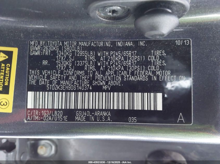 2013 Toyota Highlander Se V6 VIN: 5TDZK3EH9DS140374 Lot: 43931836