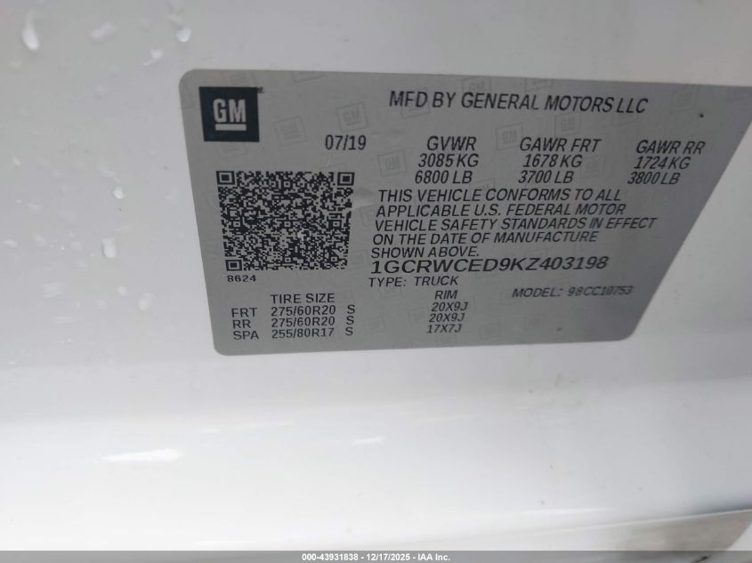 2019 Chevrolet Silverado 1500 Lt VIN: 1GCRWCED9KZ403198 Lot: 43931838