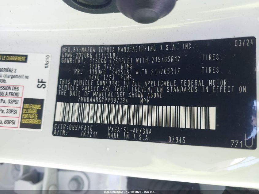 2024 Toyota Corolla Cross Le VIN: 7MUBAABGXRV092384 Lot: 43931841