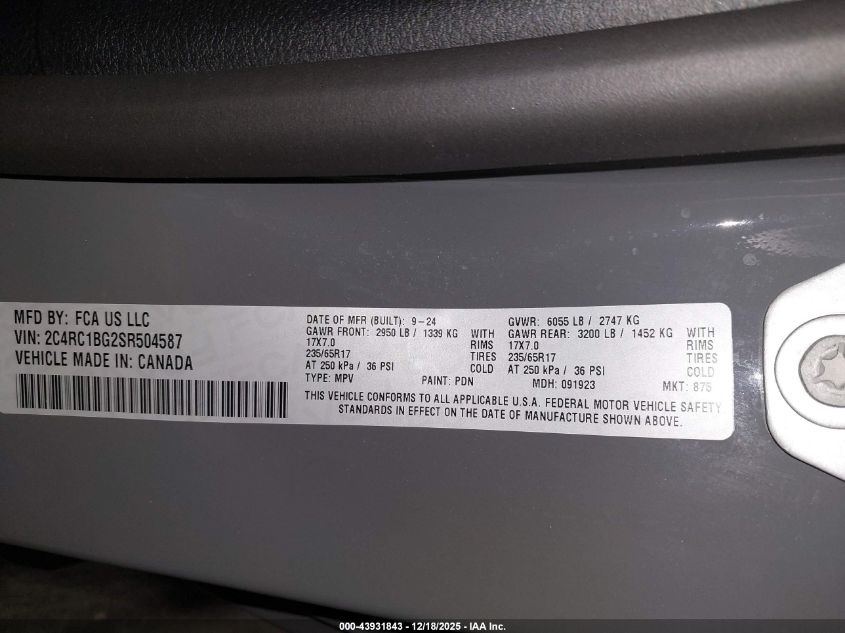 2025 Chrysler Pacifica Select VIN: 2C4RC1BG2SR504587 Lot: 43931843