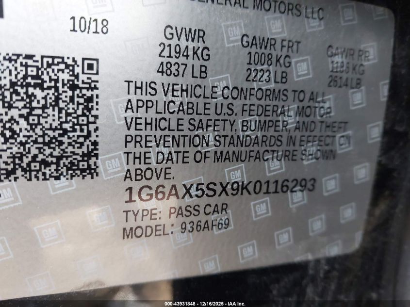 2019 Cadillac Cts Luxury VIN: 1G6AX5SX9K0116293 Lot: 43931848