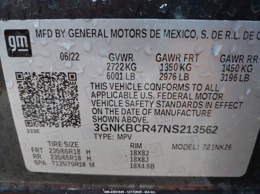 2022 Chevrolet Blazer Fwd 2Lt VIN: 3GNKBCR47NS213562 Lot: 43931849