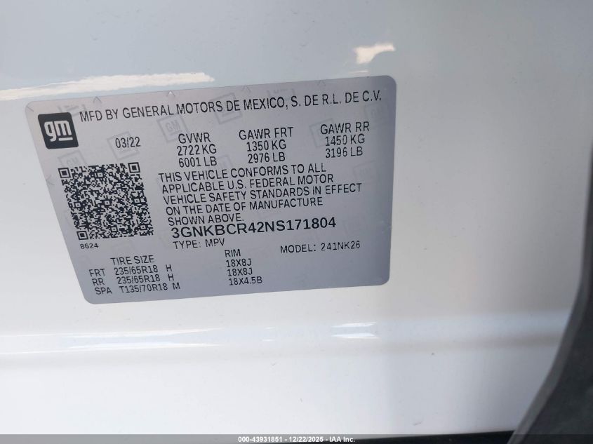 2022 Chevrolet Blazer Fwd 2Lt VIN: 3GNKBCR42NS171804 Lot: 43931851