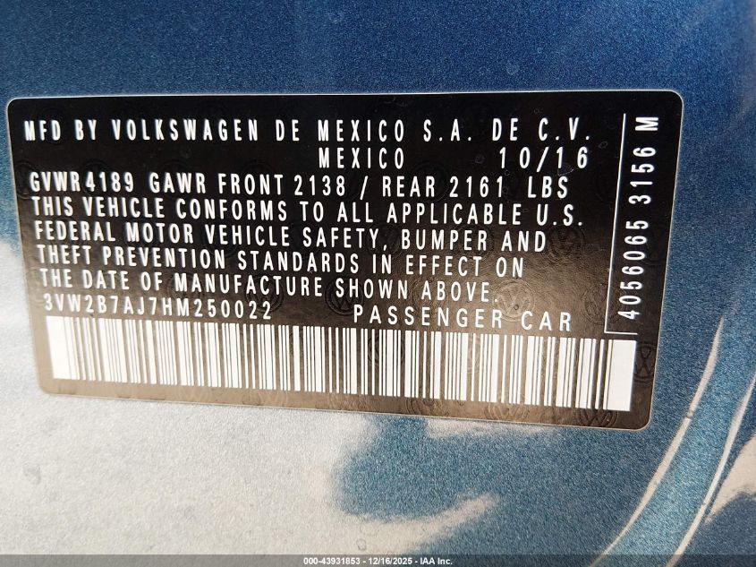 2017 Volkswagen Jetta 1.4T S VIN: 3VW2B7AJ7HM250022 Lot: 43931853