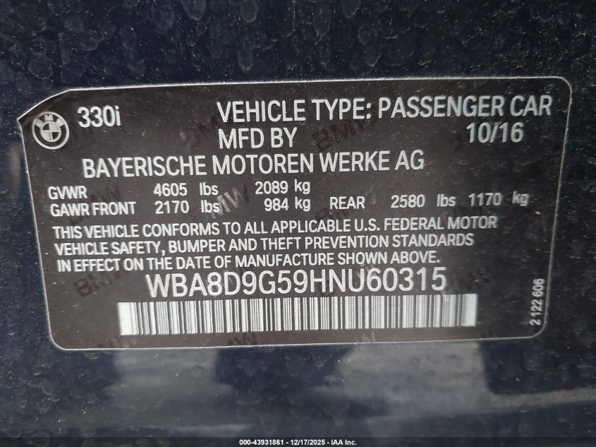 2017 BMW 330I xDrive VIN: WBA8D9G59HNU60315 Lot: 43931861