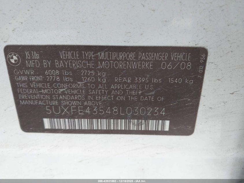2008 BMW X5 3.0Si VIN: 5UXFE43548L030234 Lot: 43931863