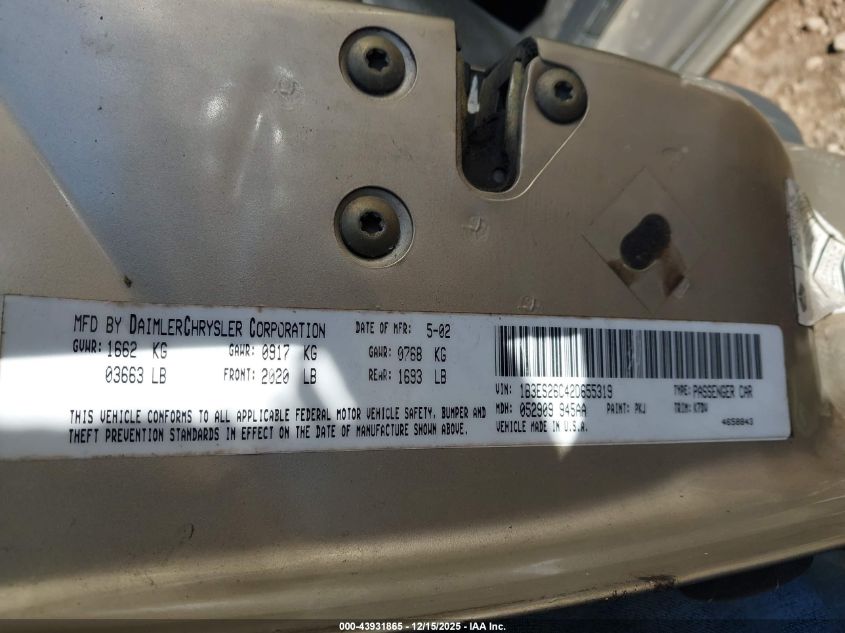 2002 Dodge Neon VIN: 1B3ES26C42D655319 Lot: 43931865