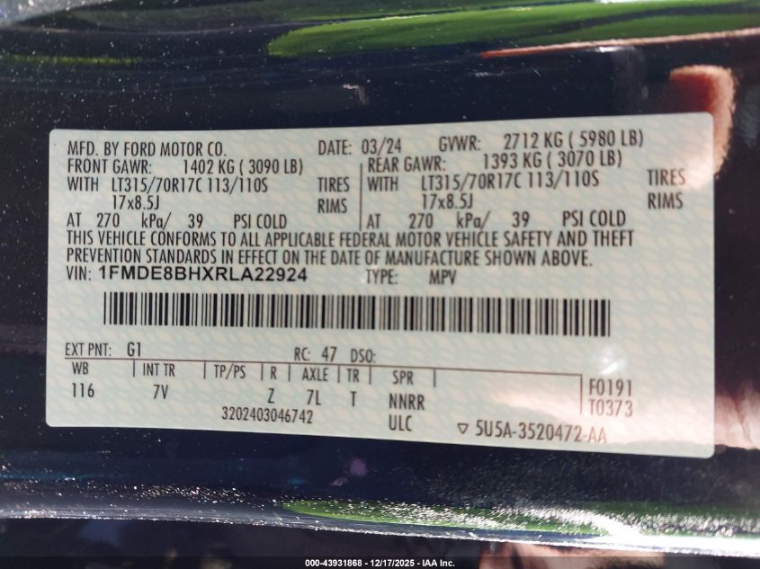 2024 Ford Bronco Outer Banks VIN: 1FMDE8BHXRLA22924 Lot: 43931868