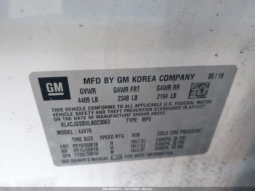 2020 Buick Encore Awd Essence VIN: KL4CJGSBXLB023063 Lot: 43931871