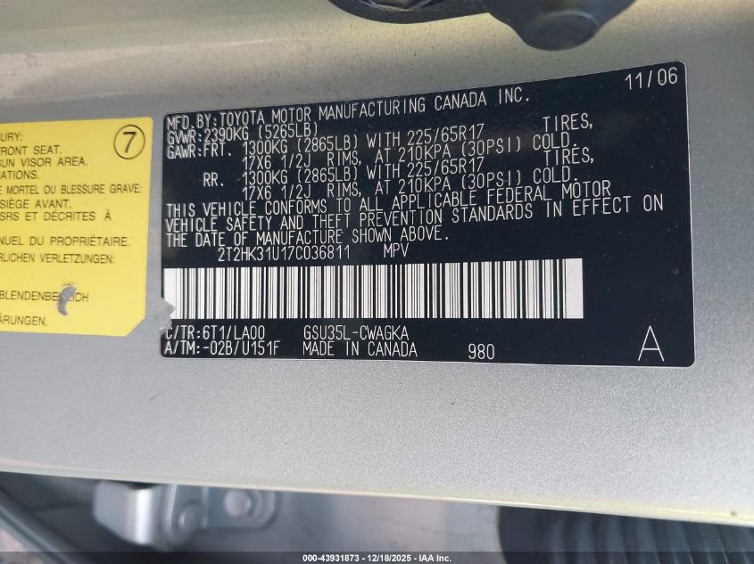 2007 Lexus Rx 350 VIN: 2T2HK31U17C036811 Lot: 43931873