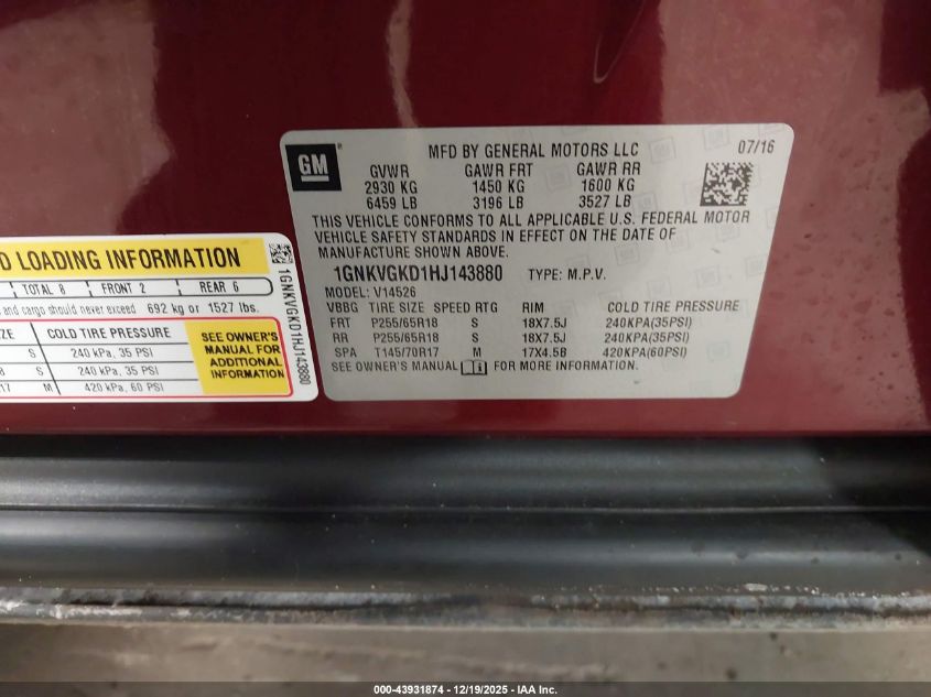 2017 Chevrolet Traverse 1Lt VIN: 1GNKVGKD1HJ143880 Lot: 43931874