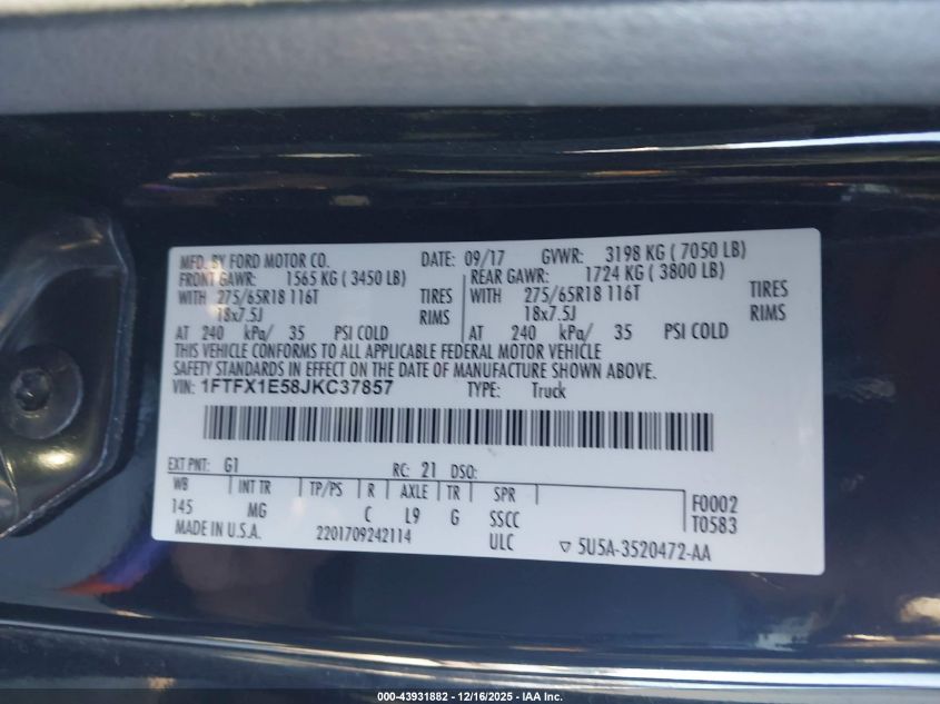 2018 Ford F-150 Xlt VIN: 1FTFX1E58JKC37857 Lot: 43931882