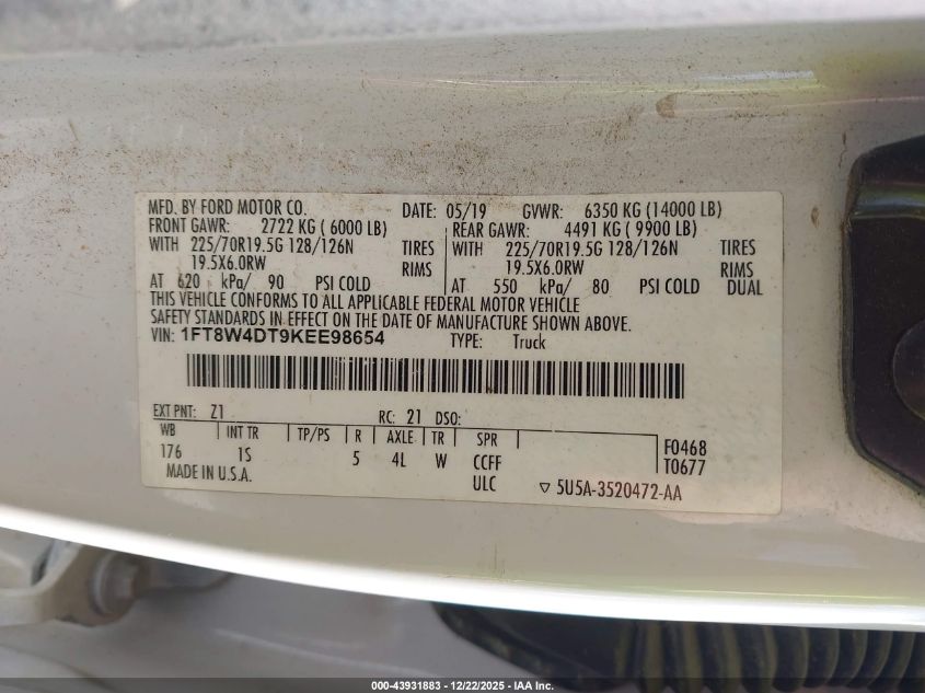 2019 Ford F-450 Xl VIN: 1FT8W4DT9KEE98654 Lot: 43931883