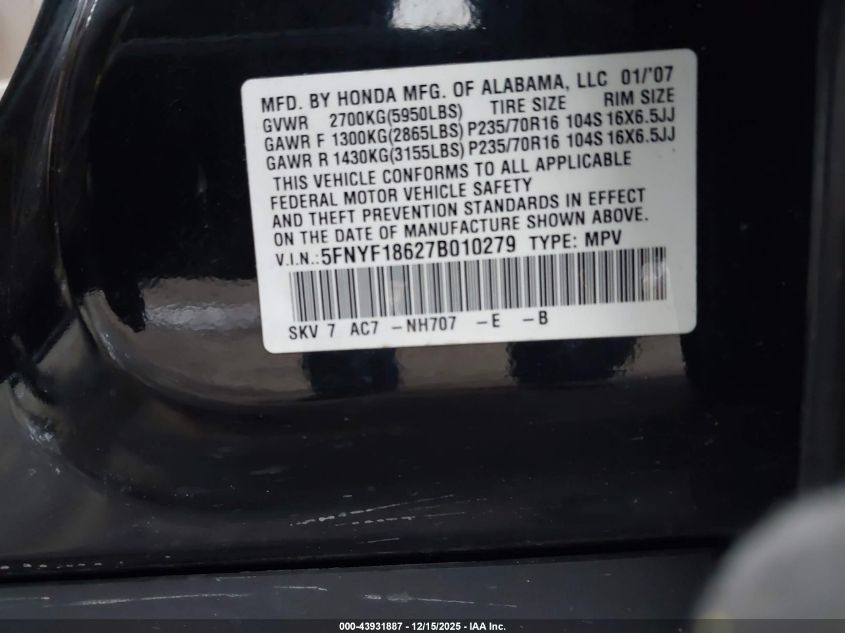 2007 Honda Pilot Ex-L VIN: 5FNYF18627B010279 Lot: 43931887