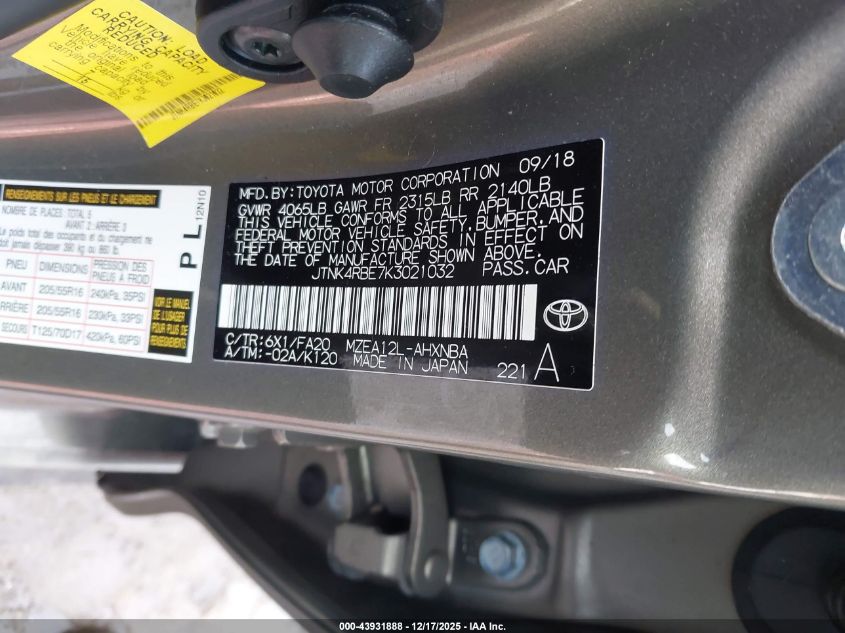 2019 Toyota Corolla Se VIN: JTNK4RBE7K3021032 Lot: 43931888