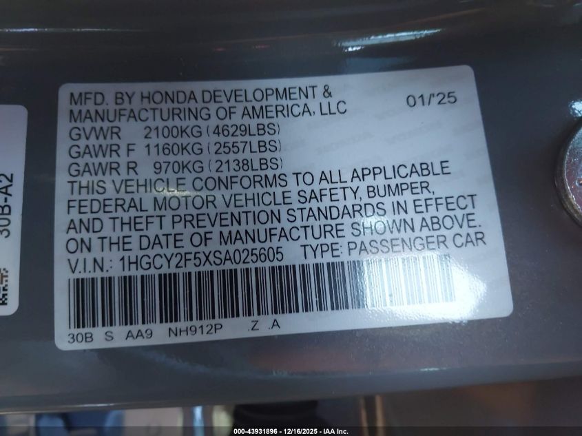 2025 Honda Accord Hybrid Sport VIN: 1HGCY2F5XSA025605 Lot: 43931896