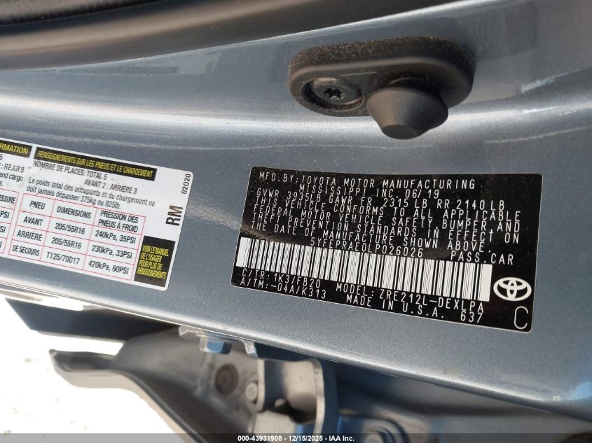 2020 Toyota Corolla Le VIN: 5YFEPRAE0LP026026 Lot: 43931908