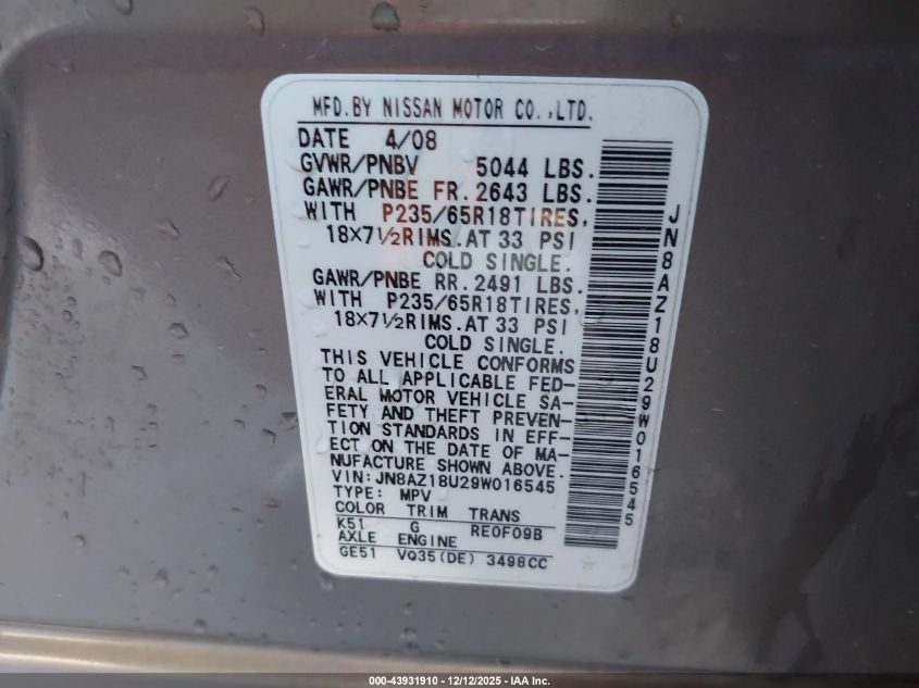 2009 Nissan Murano Sl VIN: JN8AZ18U29W016545 Lot: 43931910